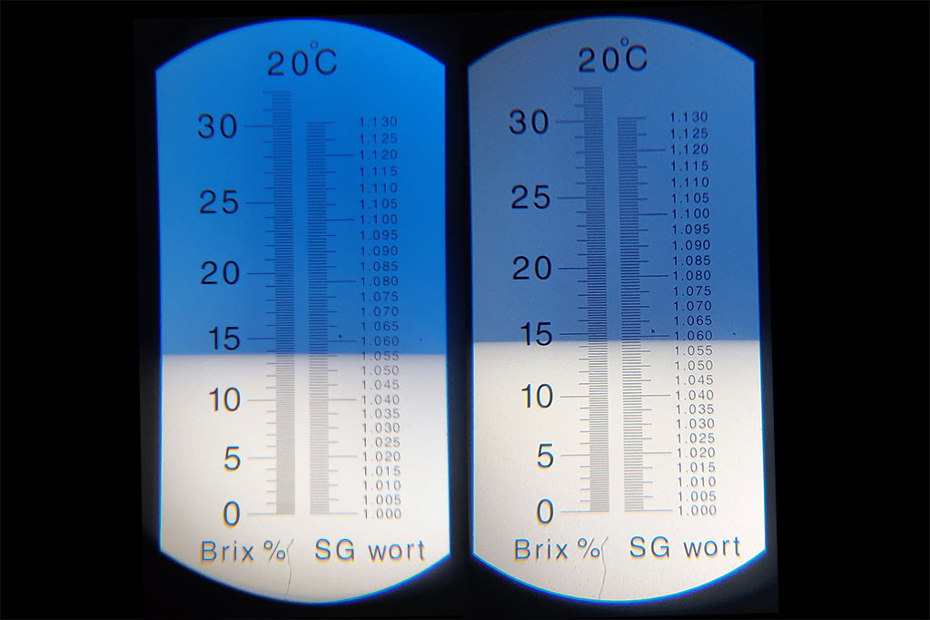 Homebrew before and after boil specific gravity measured with a refractometer